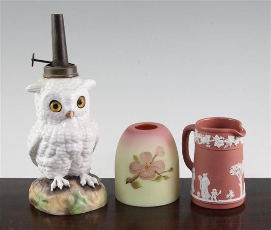 A  owl oil lamp base, a Wedgwood jasper jug and a Queens Burmese glass lamp shade